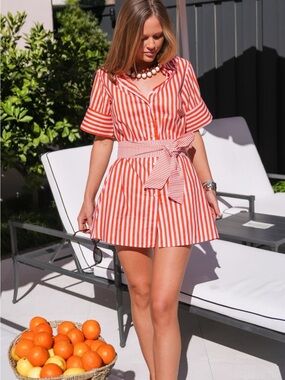 Orange and White Striped Tie-Waist Short Dress